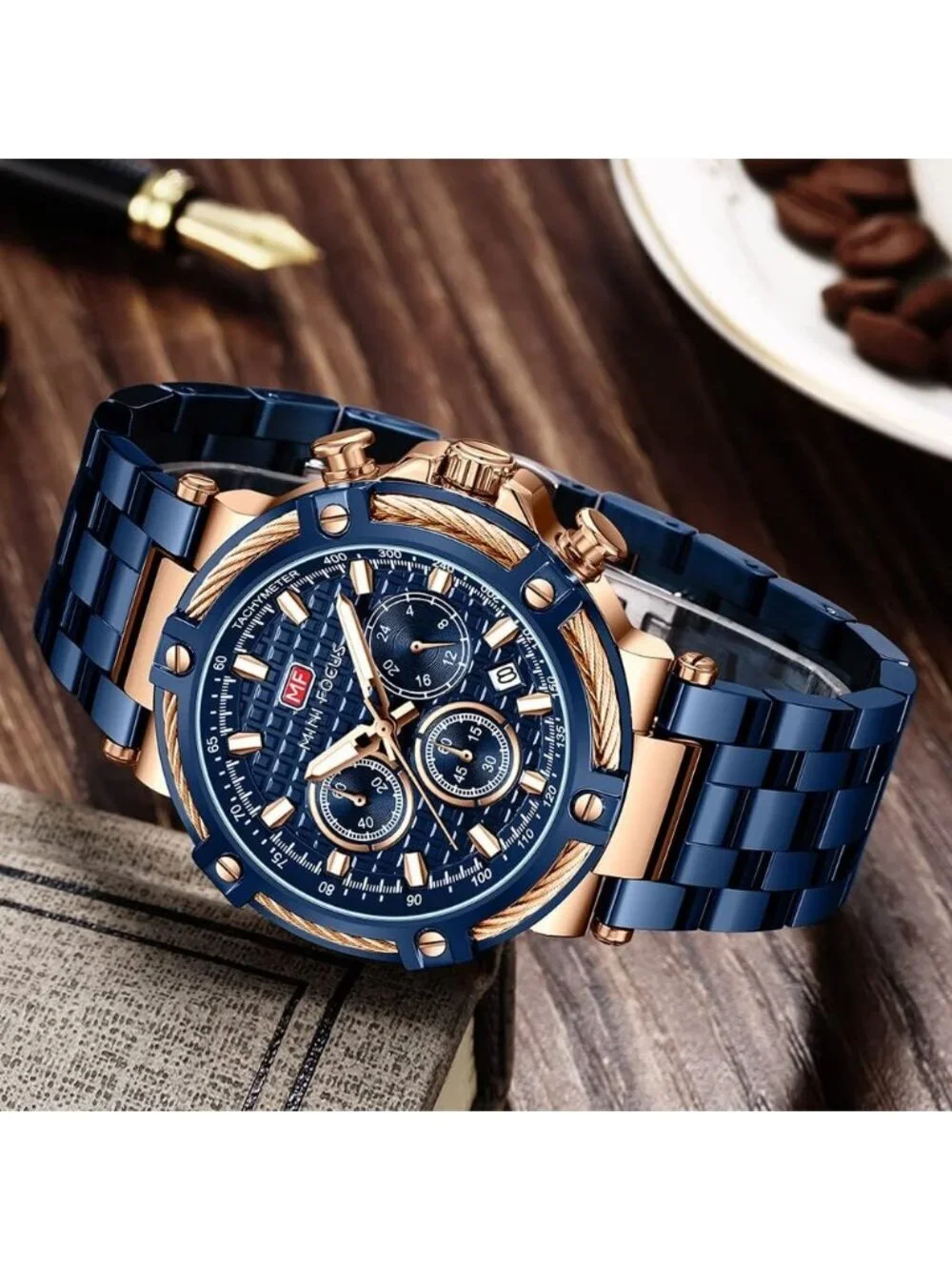 Men's Blue Golden Stainless Steel Band Chronograph Waterproof Luminous Watch